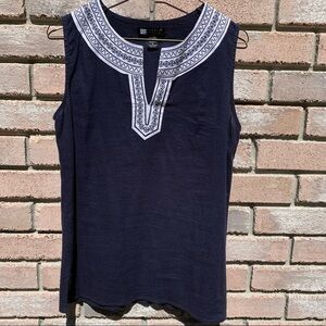 CAROLE LITTLE geometric embroidered navy linen sleeveless top minimalist summer